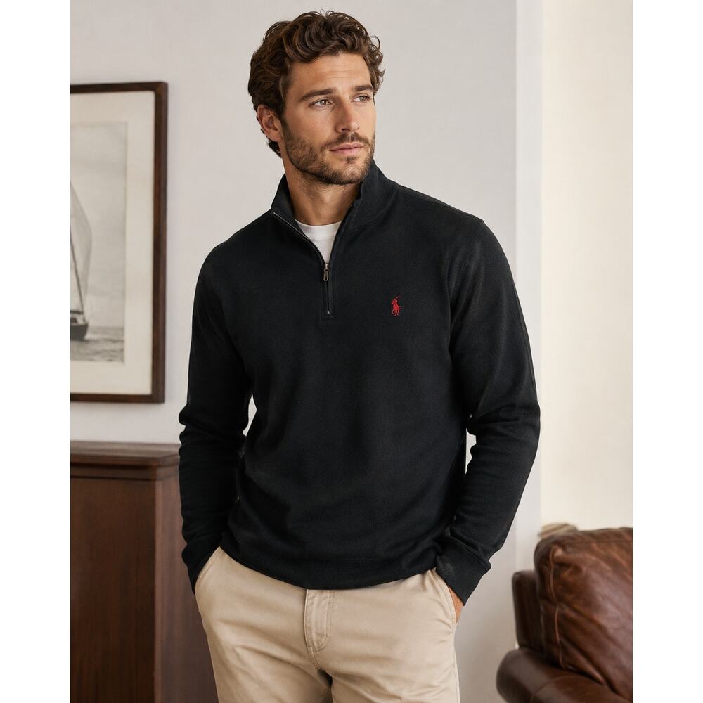Polo Ralph Lauren Men’s Black 1/4 Zip Pullover Sweater Pima Cotton Red Pony M